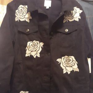 Lularoe Black Denim Longline Denim Jacket With Roses